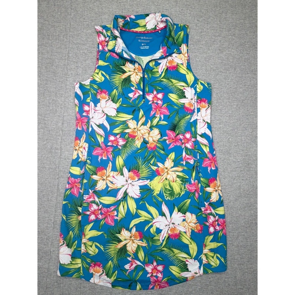 Tommy Bahama IslandZone Dress Womens Med Blue Tropical Floral Quarter Zip Golf